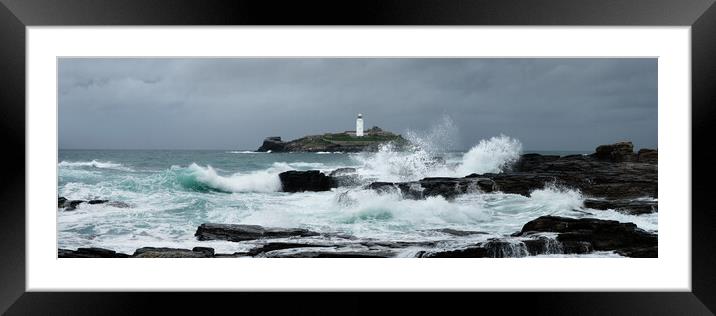 Godrevy Lighthouse Storm Waves Cornwal South west coast path Framed Mounted Print by Sonny Ryse