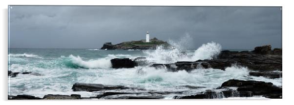 Godrevy Lighthouse Storm Waves Cornwal South west coast path Acrylic by Sonny Ryse