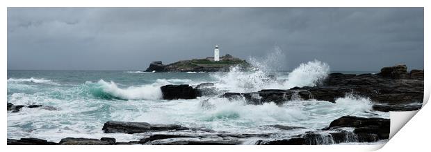 Godrevy Lighthouse Storm Waves Cornwal South west coast path Print by Sonny Ryse