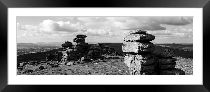great staple tor dartmoor national park england panorama black and white Framed Mounted Print by Sonny Ryse