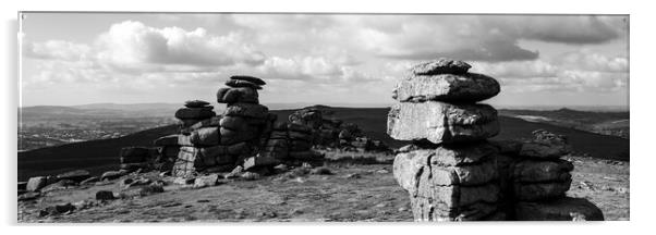 great staple tor dartmoor national park england panorama black and white Acrylic by Sonny Ryse