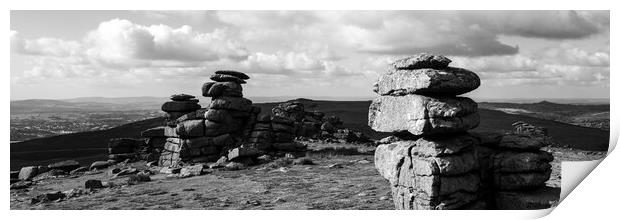 great staple tor dartmoor national park england panorama black and white Print by Sonny Ryse