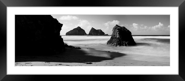Holywell Beach and Gull Rock Cornwall Coast black and white Framed Mounted Print by Sonny Ryse