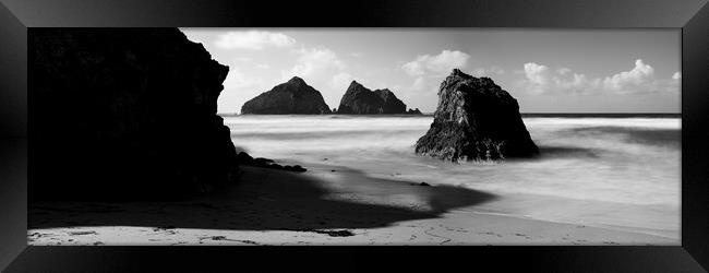 Holywell Beach and Gull Rock Cornwall Coast black and white Framed Print by Sonny Ryse