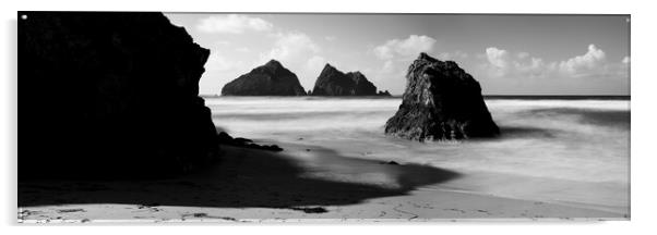 Holywell Beach and Gull Rock Cornwall Coast black and white Acrylic by Sonny Ryse