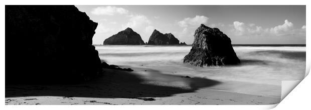 Holywell Beach and Gull Rock Cornwall Coast black and white Print by Sonny Ryse