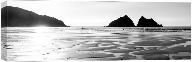 Holywell Beach and Gull Rock Cornwall Coast black and white 2 Canvas Print by Sonny Ryse