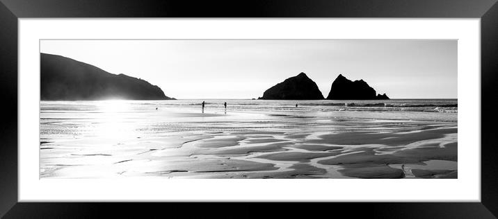 Holywell Beach and Gull Rock Cornwall Coast black and white 2 Framed Mounted Print by Sonny Ryse
