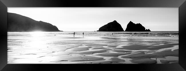 Holywell Beach and Gull Rock Cornwall Coast black and white 2 Framed Print by Sonny Ryse