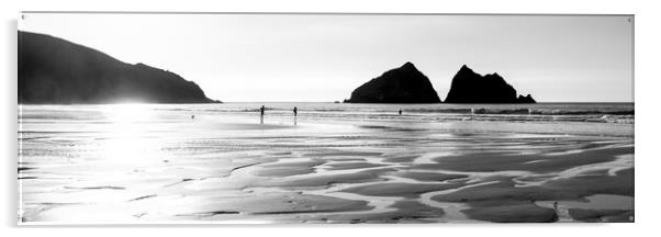 Holywell Beach and Gull Rock Cornwall Coast black and white 2 Acrylic by Sonny Ryse