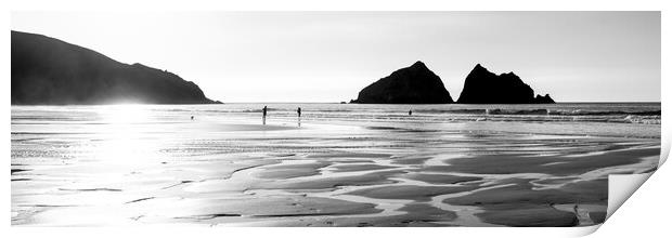 Holywell Beach and Gull Rock Cornwall Coast black and white 2 Print by Sonny Ryse