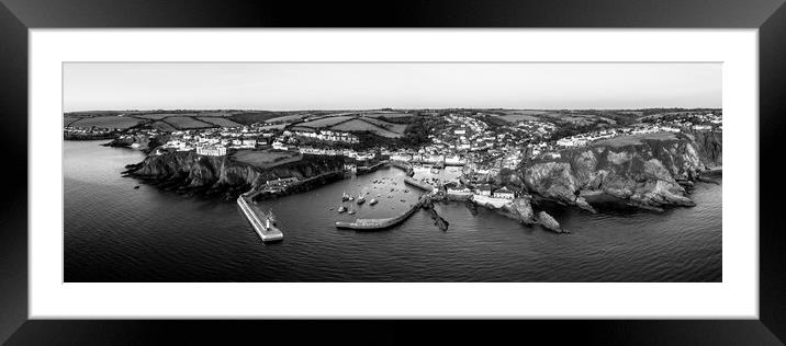 Mevagissey fishing village harbour aerial cornwall coast england black and white panorama Framed Mounted Print by Sonny Ryse