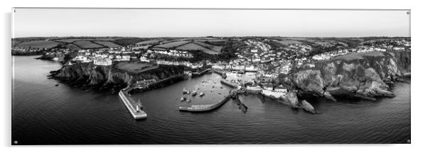 Mevagissey fishing village harbour aerial cornwall coast england black and white panorama Acrylic by Sonny Ryse