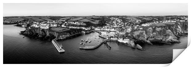 Mevagissey fishing village harbour aerial cornwall coast england black and white panorama Print by Sonny Ryse