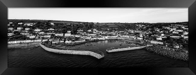 Mousehole Fishing Village Harbour Aerial black and white 2 Framed Print by Sonny Ryse