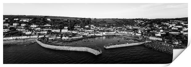 Mousehole Fishing Village Harbour Aerial black and white 2 Print by Sonny Ryse