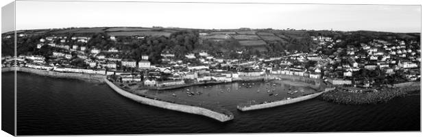 Mousehole Fishing Village Harbour Aerial black and white Canvas Print by Sonny Ryse