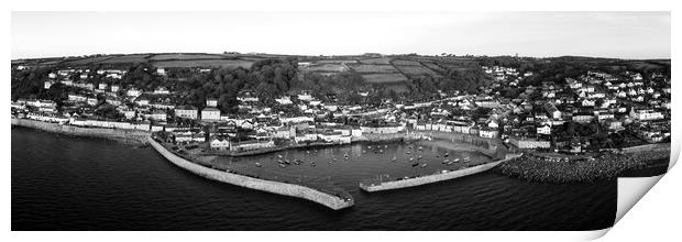 Mousehole Fishing Village Harbour Aerial black and white Print by Sonny Ryse