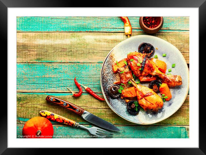 Chicken thighs roasted with pumpkin, space for text Framed Mounted Print by Mykola Lunov Mykola
