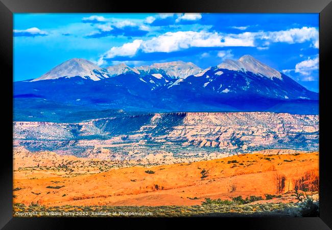 La Sal Mountains Rock Canyon Arches National Park Moab Utah  Framed Print by William Perry