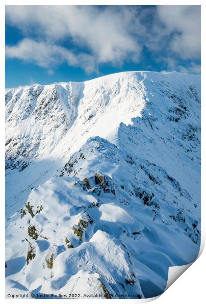 Striding Edge, in winter, Helvellyn Print by Justin Foulkes