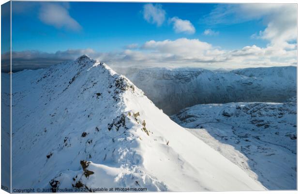 Striding Edge in winter, Helvellyn, Lake District Canvas Print by Justin Foulkes