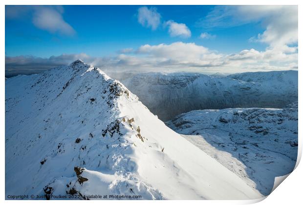 Striding Edge in winter, Helvellyn, Lake District Print by Justin Foulkes
