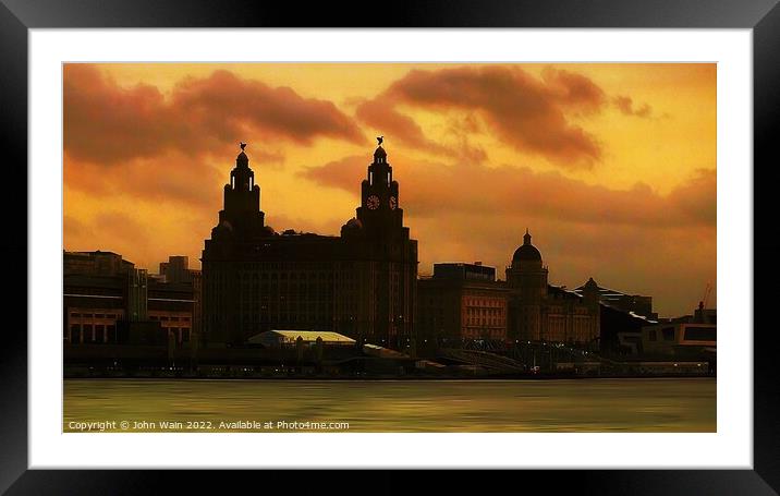 Liverpool Waterfront Skyline at night Framed Mounted Print by John Wain