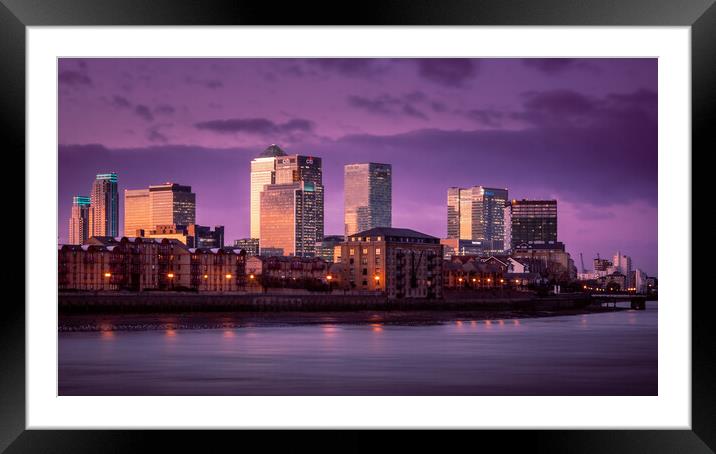 Tranquil Winter Sunset over Canary Wharf Framed Mounted Print by John Frid
