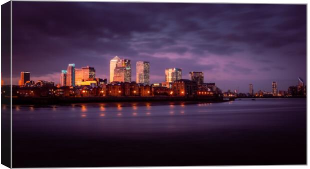 Canary Wharf and River Thames at Sunset Canvas Print by John Frid