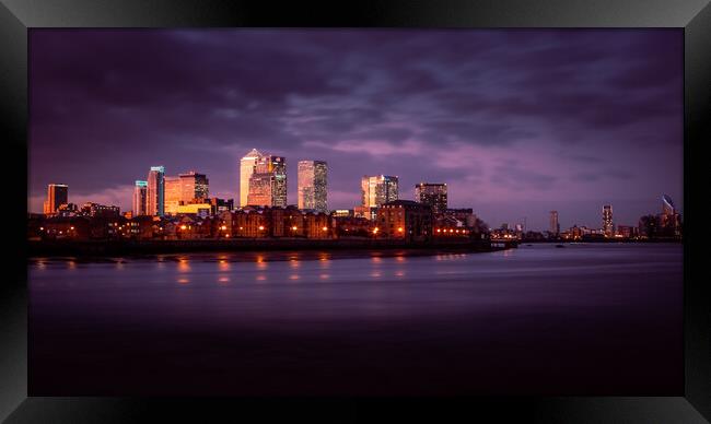 Canary Wharf and River Thames at Sunset Framed Print by John Frid