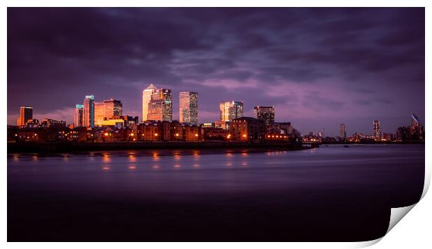 Canary Wharf and River Thames at Sunset Print by John Frid