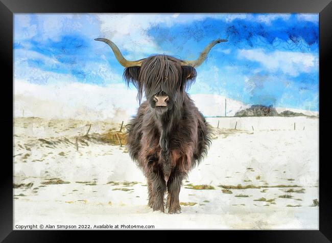 Highland Cow in the snow Framed Print by Alan Simpson