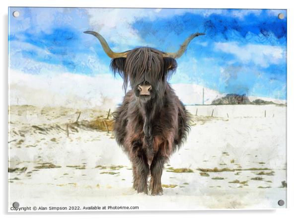 Highland Cow in the snow Acrylic by Alan Simpson