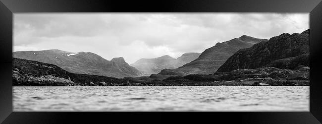 Scottish Loch and Mountains black and white Framed Print by Sonny Ryse