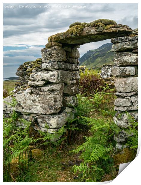 Ruined croft doorway, Boreraig, Isle of Skye, Scotland Print by Photimageon UK