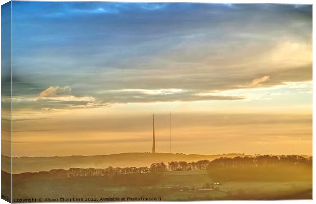 Emley Moor Mast Misty Morning  Canvas Print by Alison Chambers