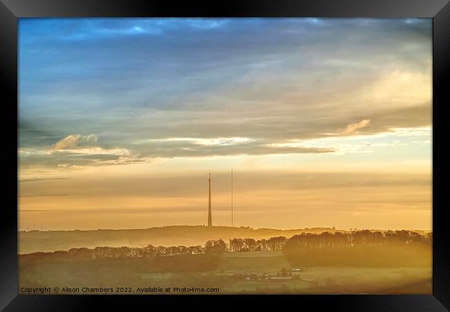 Emley Moor Mast Misty Morning  Framed Print by Alison Chambers
