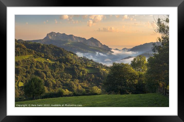Beautiful Light over Monsacro Mountain at Dawn, Asturias Framed Mounted Print by Pere Sanz