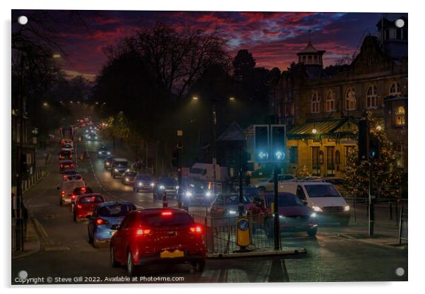 Queues of Traffic in Harrogate at Night. Acrylic by Steve Gill