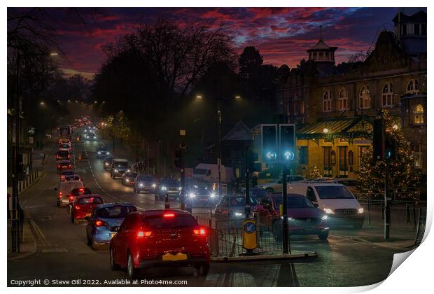 Queues of Traffic in Harrogate at Night. Print by Steve Gill