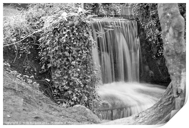 Monochrome Serenity: Newstead Abbey Waterfall Print by Holly Burgess