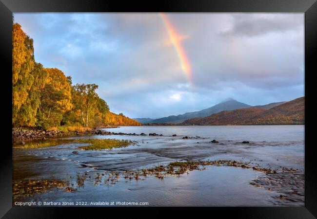 Loch Rannoch Rainbow over Schiehallion Scotland. Framed Print by Barbara Jones