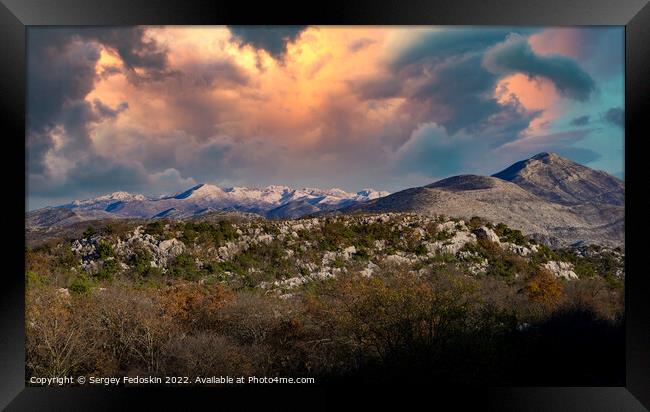Dramatic sunset over mountains. Colorful sky. Framed Print by Sergey Fedoskin