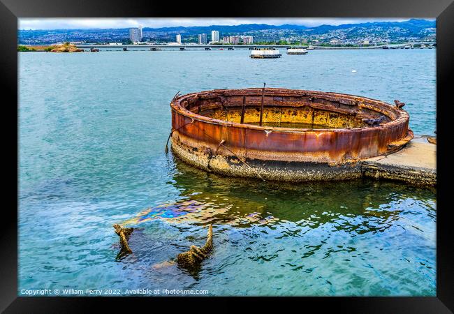 Submerged Turret Oil USS Arizona Memorial Pearl Harbor Honolulu  Framed Print by William Perry