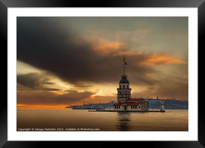 Maiden Tower (Kiz Kulesi) in Istanbul in the evening with sunset sky. Bosporus strait. Framed Mounted Print by Sergey Fedoskin