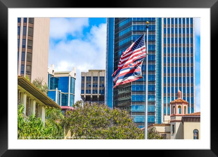 Flags King Kalakaua Building Honolulu Oahu Hawaii Framed Mounted Print by William Perry