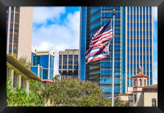 Flags King Kalakaua Building Honolulu Oahu Hawaii Framed Print by William Perry