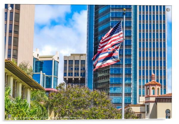Flags King Kalakaua Building Honolulu Oahu Hawaii Acrylic by William Perry