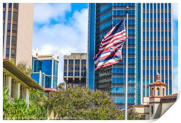 Flags King Kalakaua Building Honolulu Oahu Hawaii Print by William Perry
